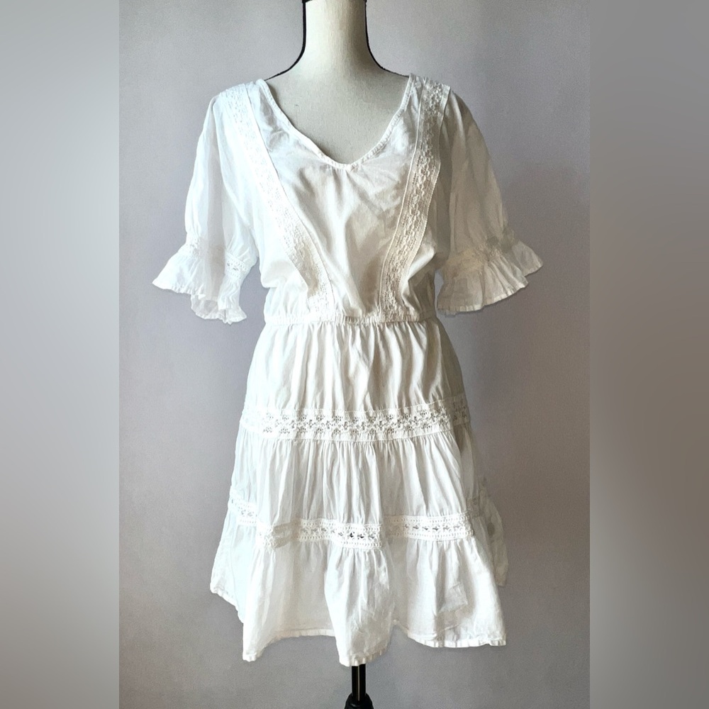 True Destinations Swim Coverup Size L White Tiered Lace Resort Wear Boho Dress